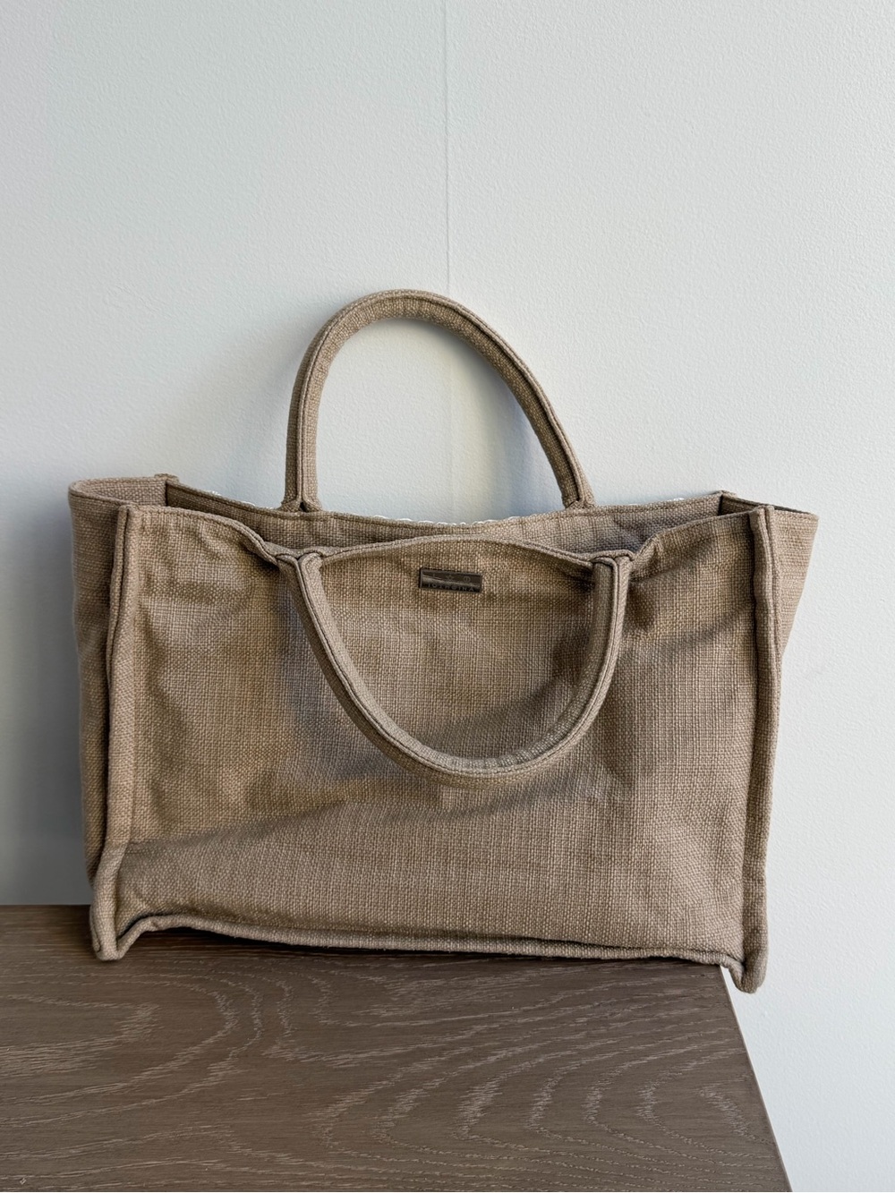Embroidered Tan Canvas Tote with White Detail - Picture 6 of 6